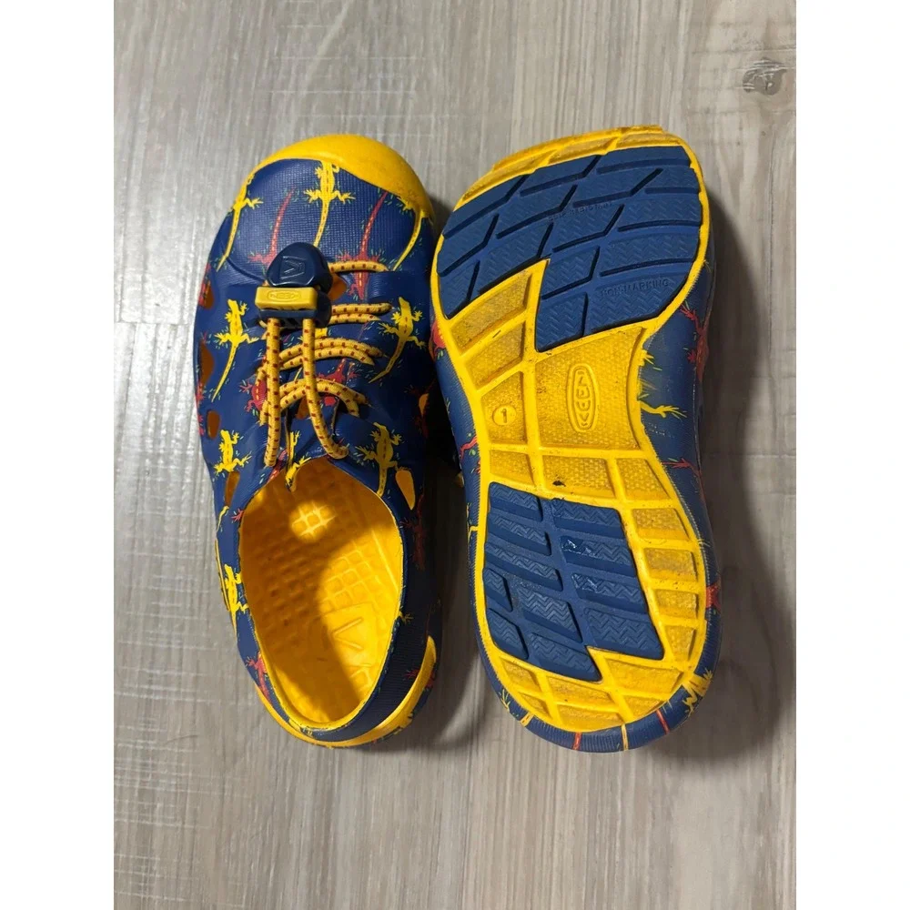 KEEN Rio Kids Water Sandals Blue Yellow Lizard Print Bungee Lace Size 1 1014534